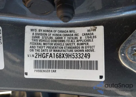 2009 Honda Civic Ex z USA, uszkodzony, nr VIN 2HGFA168X9H533249